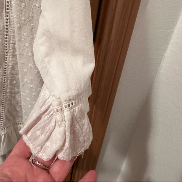 Linen Cottage Core Whimsy Fairy Peasant Button-up Bell Sleeve Ruffled Blouse - Picture 8 of 15